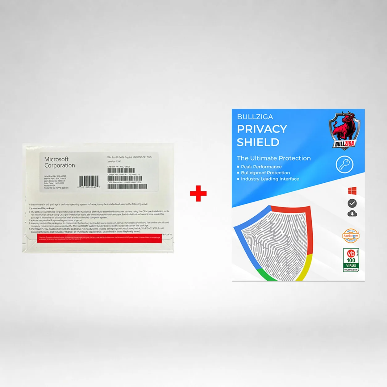 Windows 10 Pro DVD with Free BullZIGA Privacy Shield (Key Card)